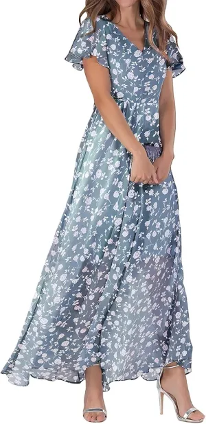 Womens Floral Summer Dress Sundresses for Women Short Sleeve V Neck a Line Chiffon Ruffle Flowy Maxi Dress Casual