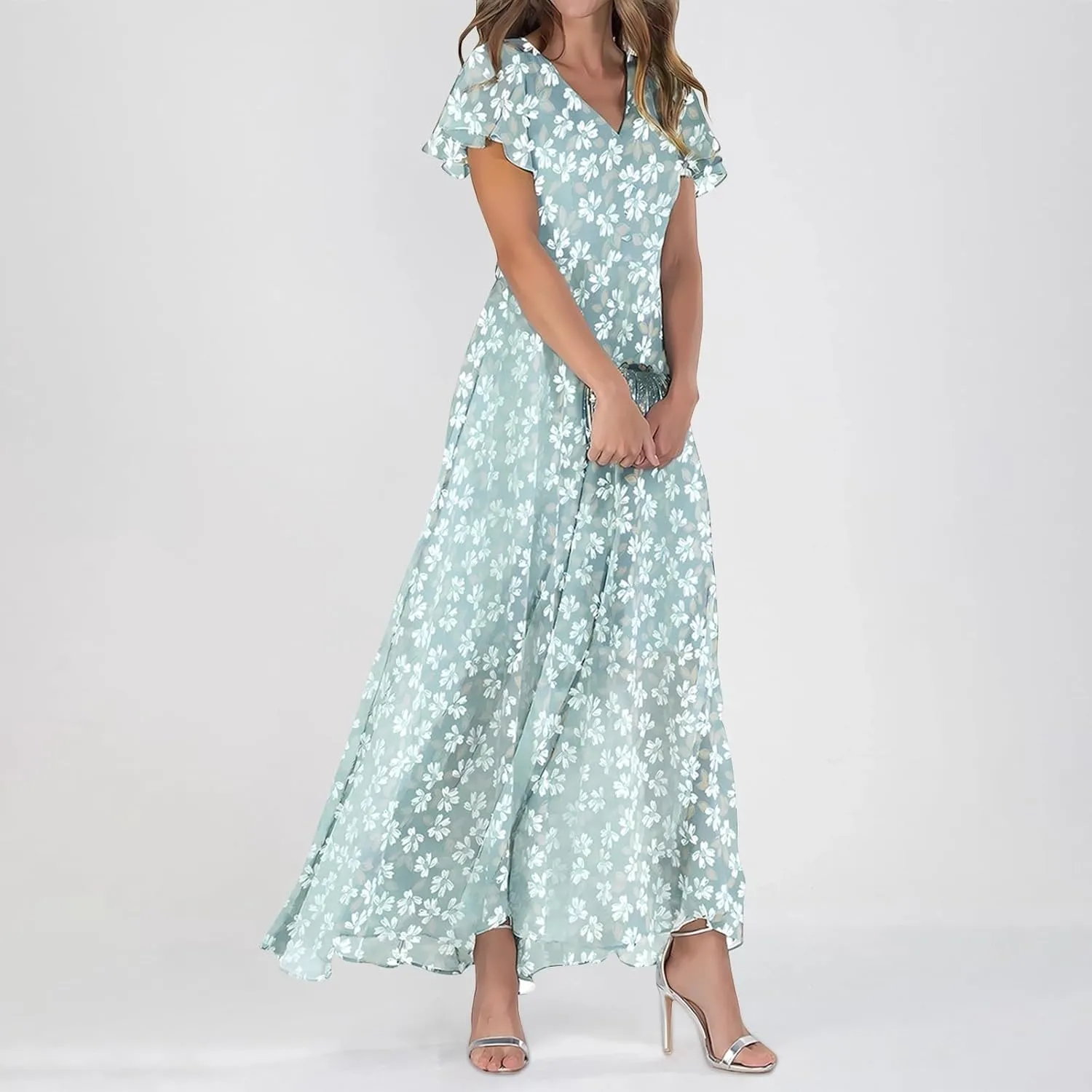 Womens Floral Summer Dress Sundresses for Women Short Sleeve V Neck a Line Chiffon Ruffle Flowy Maxi Dress Casual