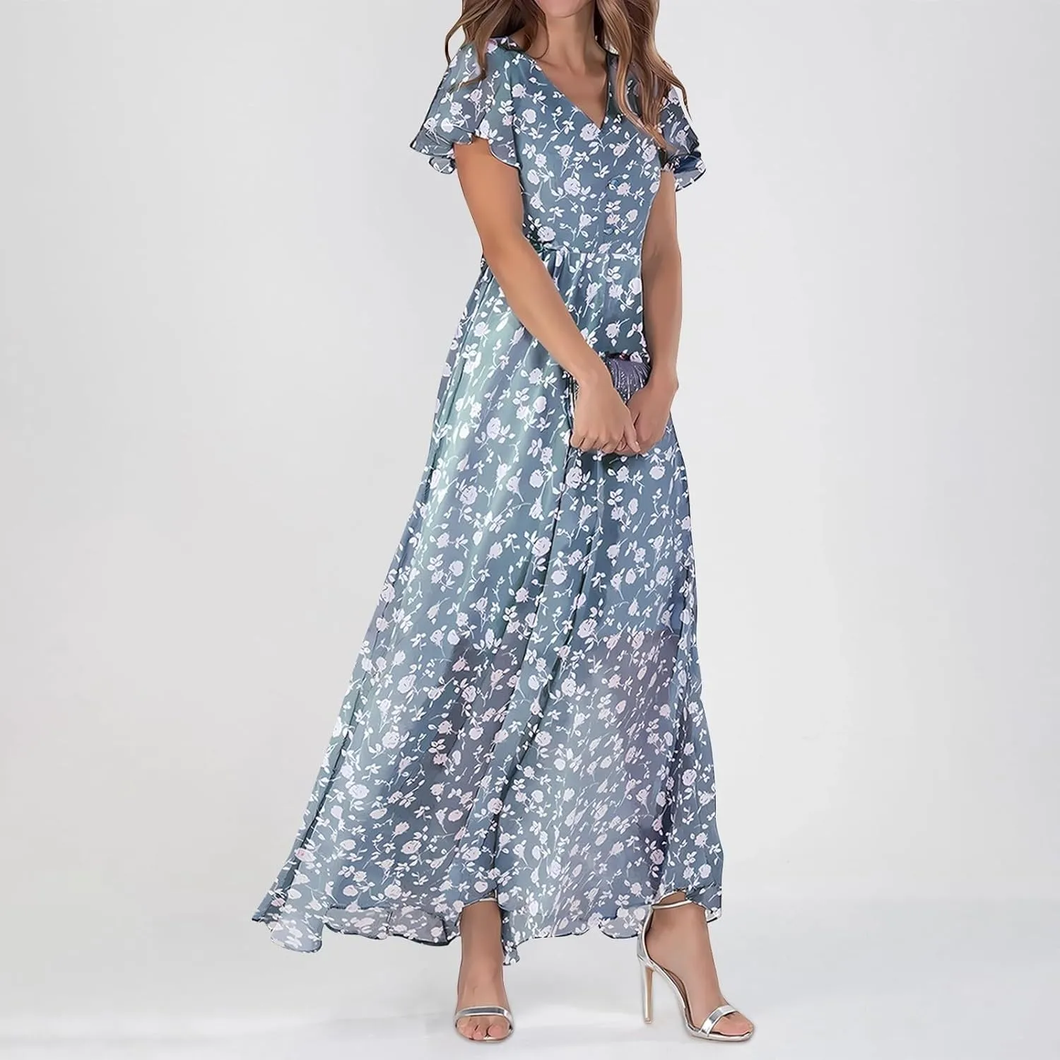 Womens Floral Summer Dress Sundresses for Women Short Sleeve V Neck a Line Chiffon Ruffle Flowy Maxi Dress Casual