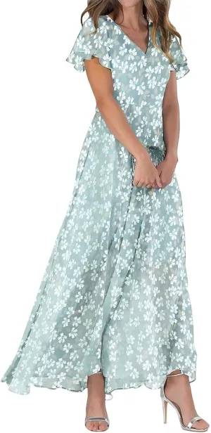 Womens Floral Summer Dress Sundresses for Women Short Sleeve V Neck a Line Chiffon Ruffle Flowy Maxi Dress Casual