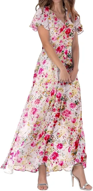 Womens Floral Summer Dress Sundresses for Women Short Sleeve V Neck a Line Chiffon Ruffle Flowy Maxi Dress Casual