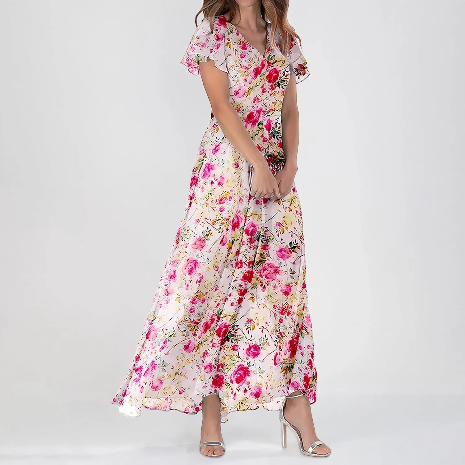 Womens Floral Summer Dress Sundresses for Women Short Sleeve V Neck a Line Chiffon Ruffle Flowy Maxi Dress Casual