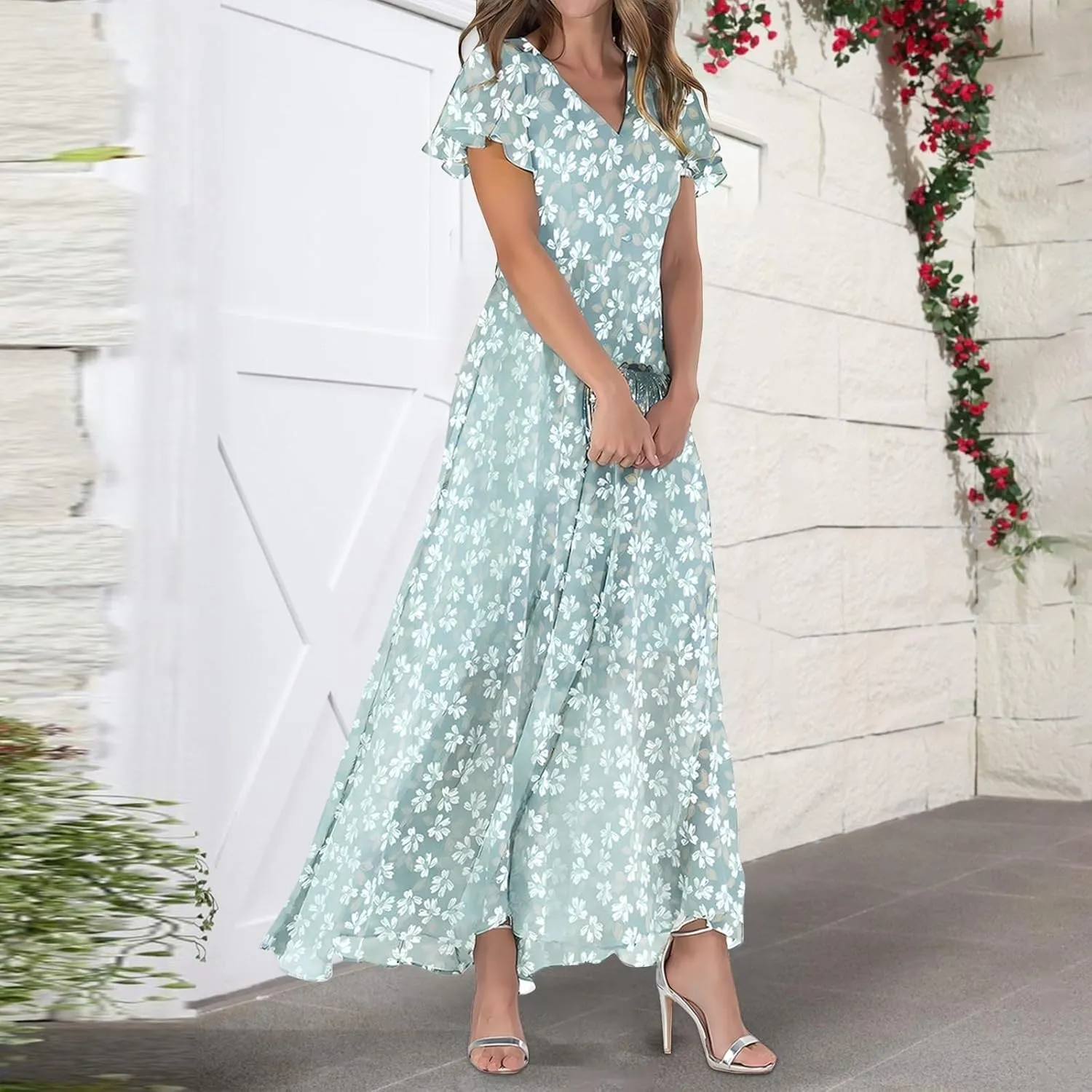 Womens Floral Summer Dress Sundresses for Women Short Sleeve V Neck a Line Chiffon Ruffle Flowy Maxi Dress Casual