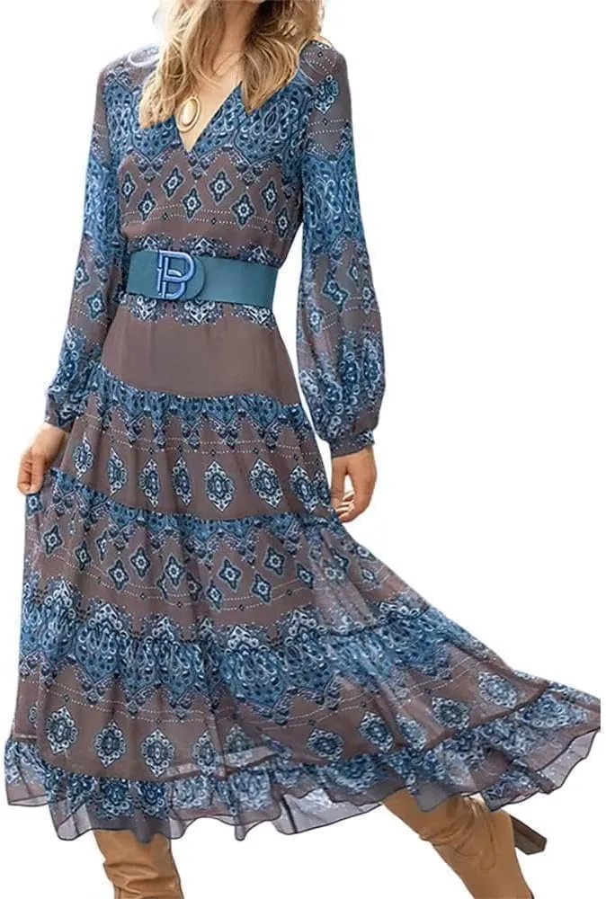 Women's Flowy Summer Ethnic Puff Long Sleeve Midi Dress Boho Floral Casual Loose Swing V-Neck Ruffle Dress with Belt