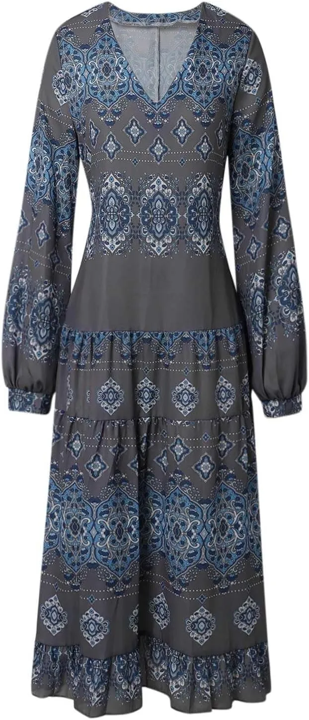 Women's Flowy Summer Ethnic Puff Long Sleeve Midi Dress Boho Floral Casual Loose Swing V-Neck Ruffle Dress with Belt