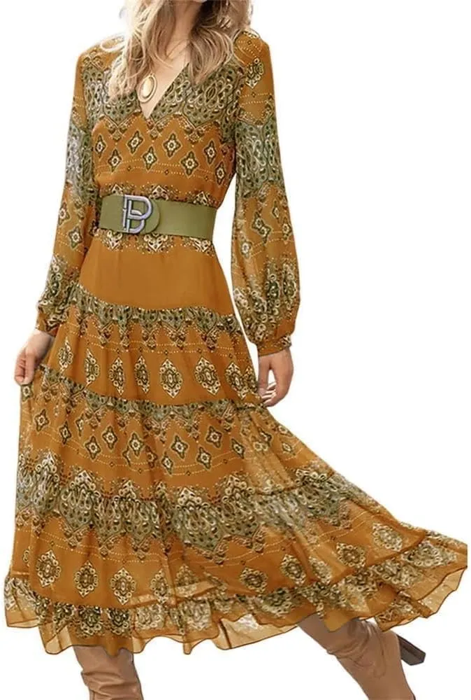 Women's Flowy Summer Ethnic Puff Long Sleeve Midi Dress Boho Floral Casual Loose Swing V-Neck Ruffle Dress with Belt
