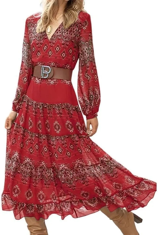 Women's Flowy Summer Ethnic Puff Long Sleeve Midi Dress Boho Floral Casual Loose Swing V-Neck Ruffle Dress with Belt