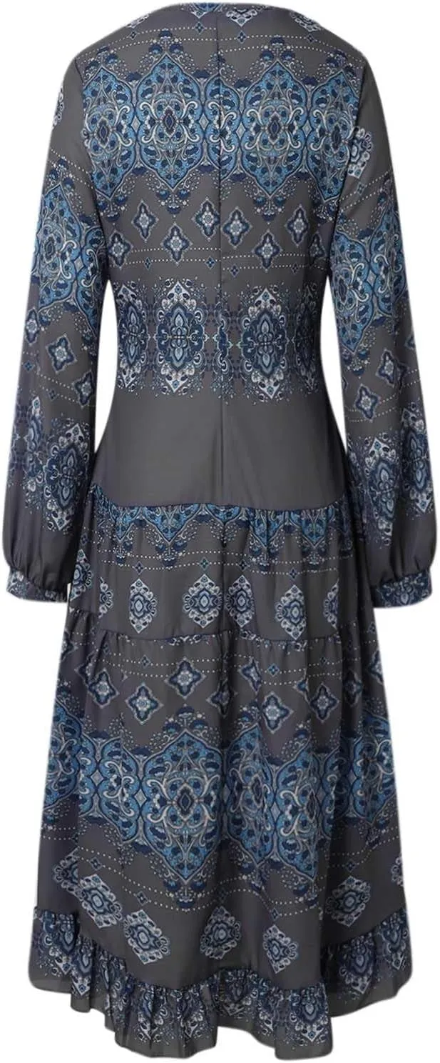 Women's Flowy Summer Ethnic Puff Long Sleeve Midi Dress Boho Floral Casual Loose Swing V-Neck Ruffle Dress with Belt
