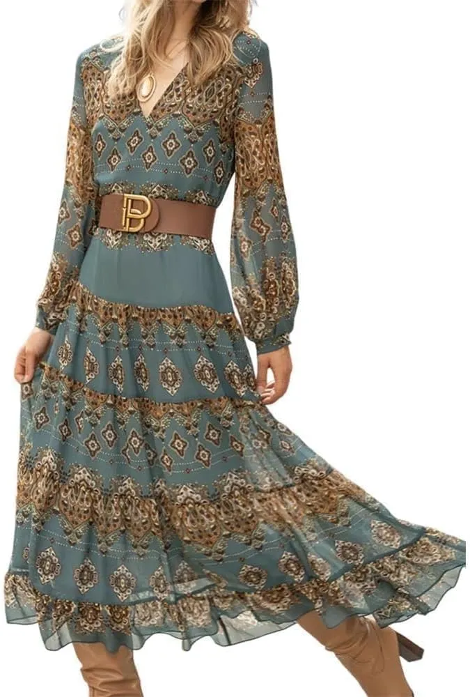 Women's Flowy Summer Ethnic Puff Long Sleeve Midi Dress Boho Floral Casual Loose Swing V-Neck Ruffle Dress with Belt