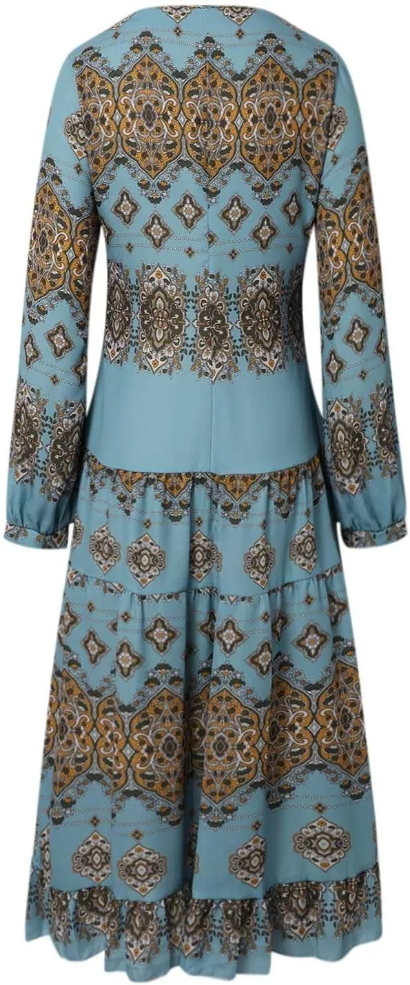 Women's Flowy Summer Ethnic Puff Long Sleeve Midi Dress Boho Floral Casual Loose Swing V-Neck Ruffle Dress with Belt