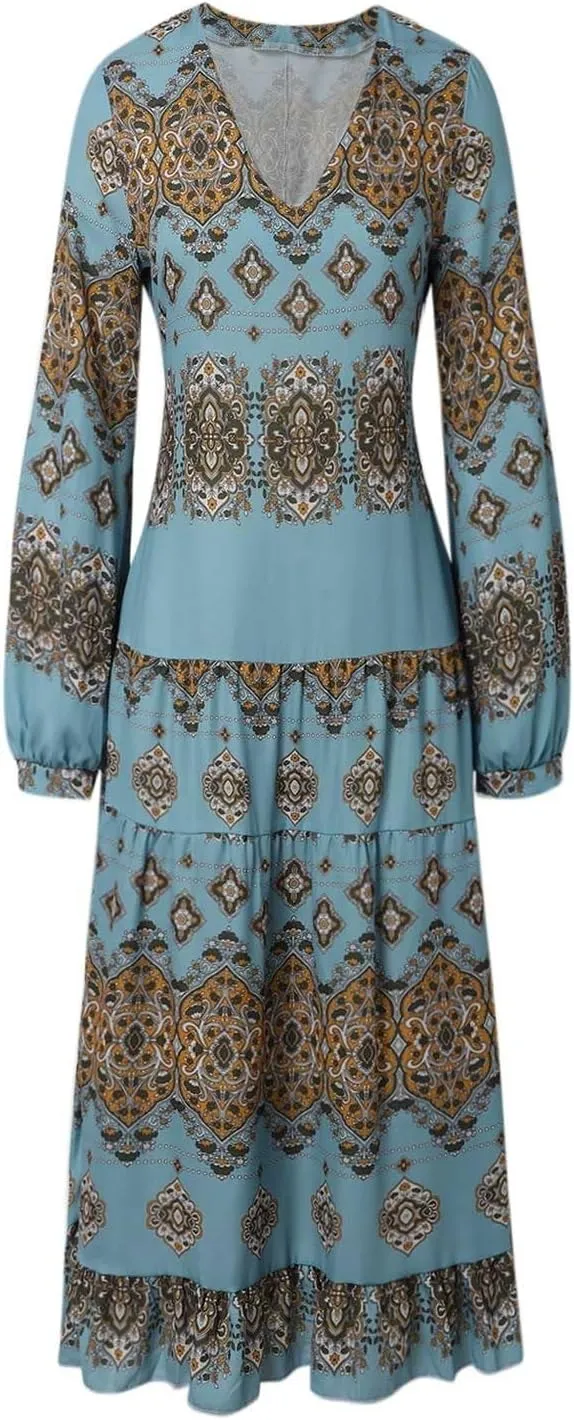 Women's Flowy Summer Ethnic Puff Long Sleeve Midi Dress Boho Floral Casual Loose Swing V-Neck Ruffle Dress with Belt
