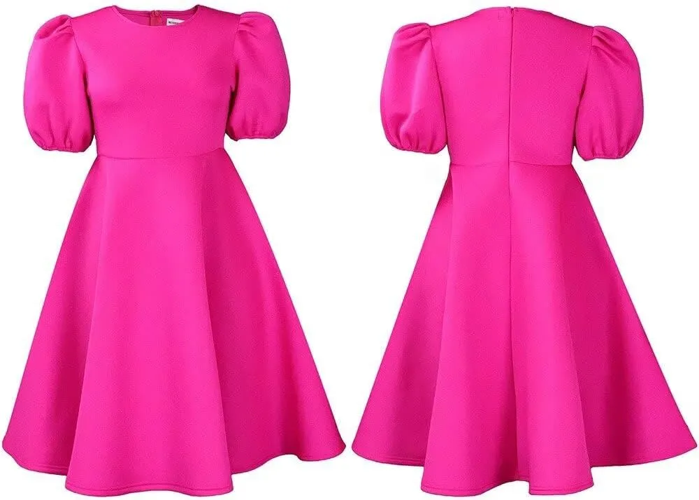 Women's Fuchsia V Neck Ruffles Short Sleeve Pleated A-Line Party Midi Dress