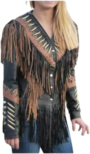 Women's Genuine grain Leather Western Cowgirl Jacket with Beaded Fringe Native American Style