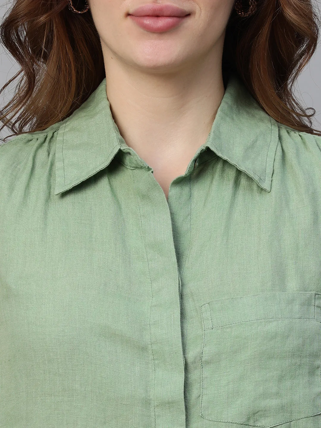 Women's Green Linen Regular Fit Blouse