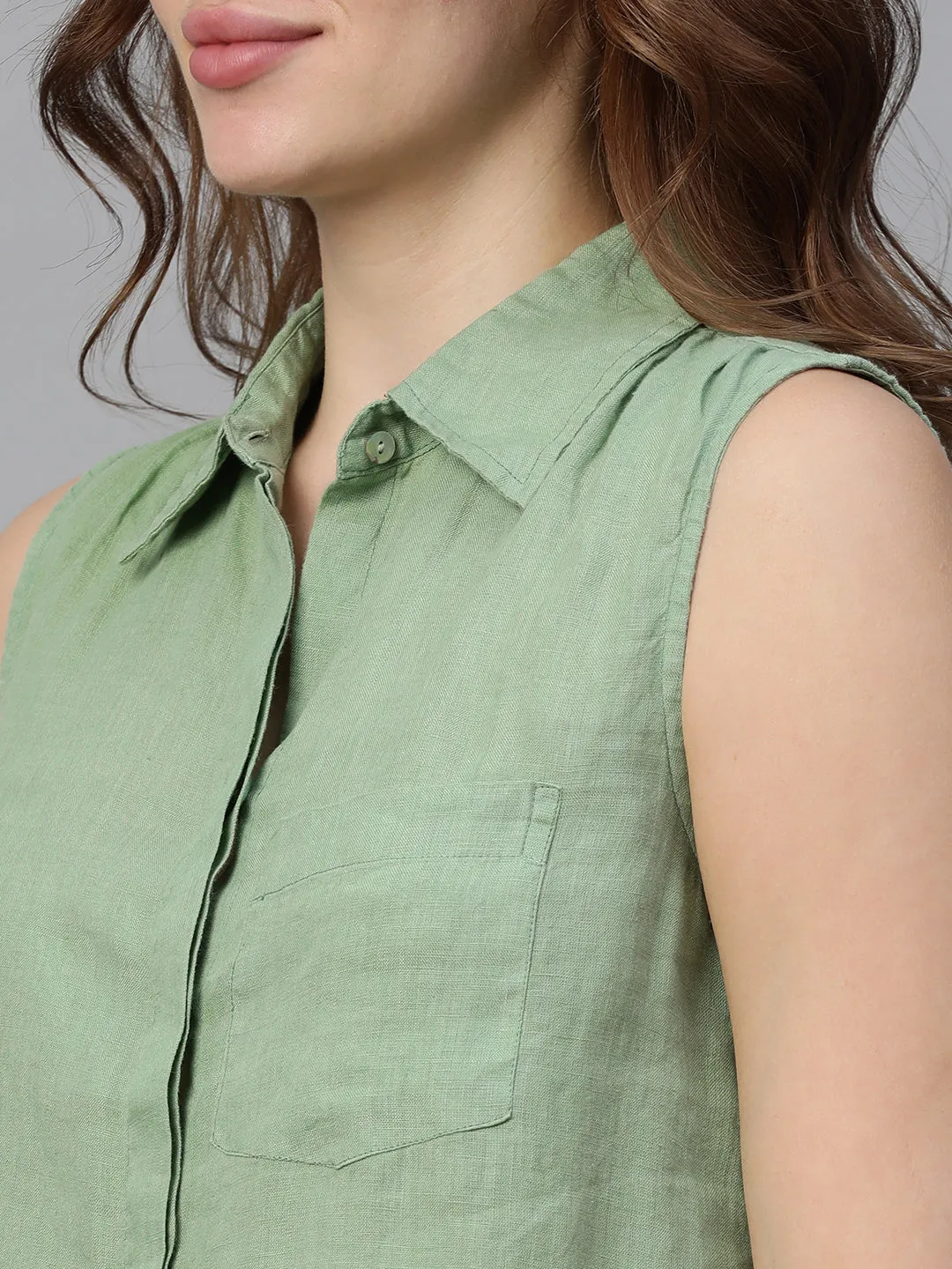 Women's Green Linen Regular Fit Blouse