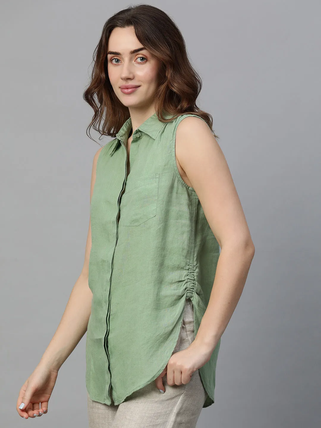 Women's Green Linen Regular Fit Blouse