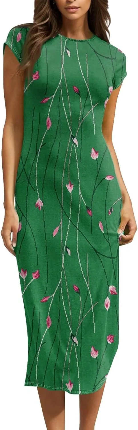 Women's Hawaiian Boho Short Sleeve Crew Neck Midi a Line Dress Beach Vacation Casual 2025 Dresses