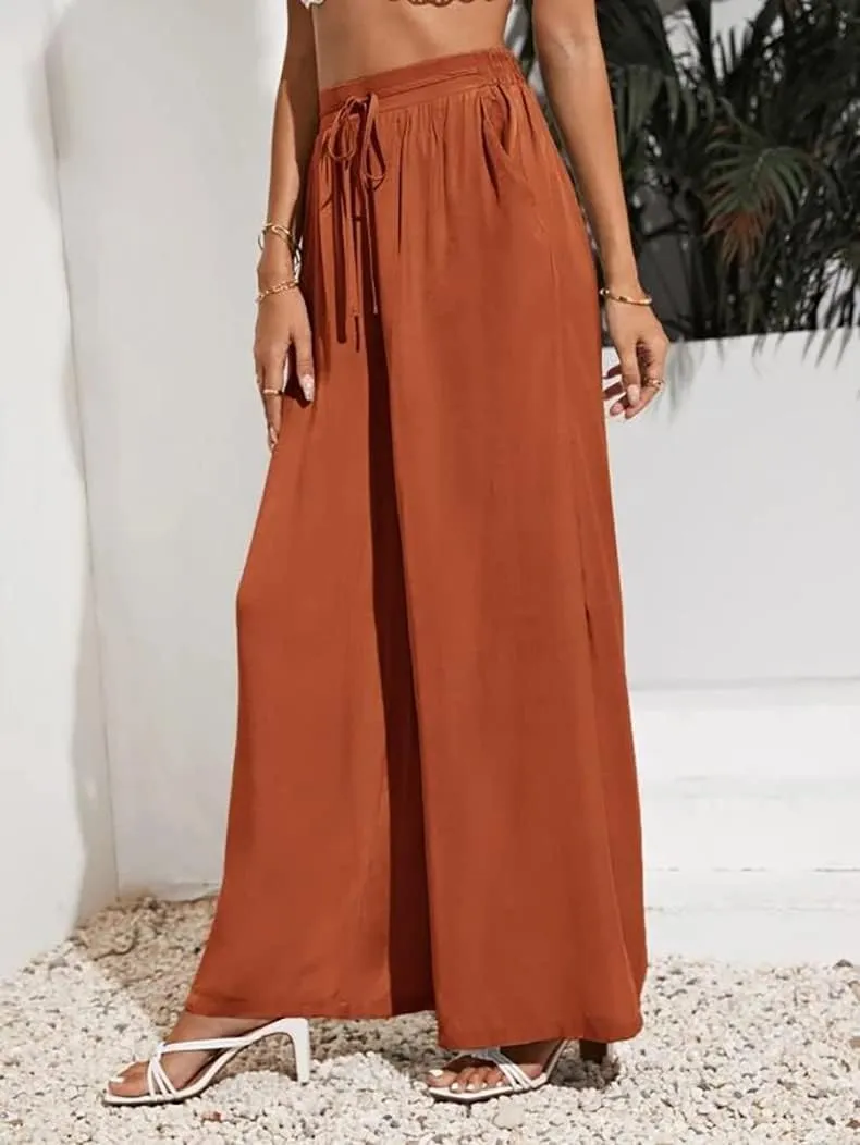 Women's High Waisted Casual Pants Solid Color Elastic Waist Lace Up Wide-Leg Pant Business Leisure Work Trousers