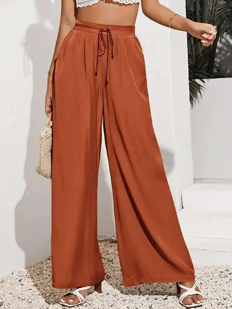 Women's High Waisted Casual Pants Solid Color Elastic Waist Lace Up Wide-Leg Pant Business Leisure Work Trousers