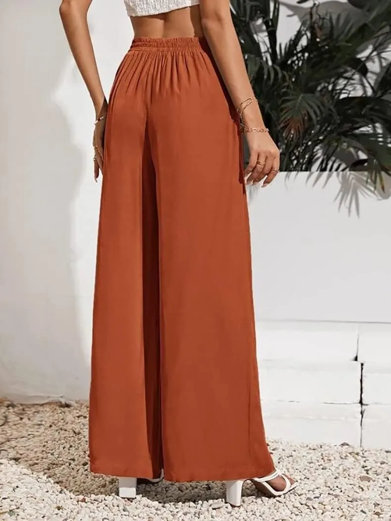 Women's High Waisted Casual Pants Solid Color Elastic Waist Lace Up Wide-Leg Pant Business Leisure Work Trousers