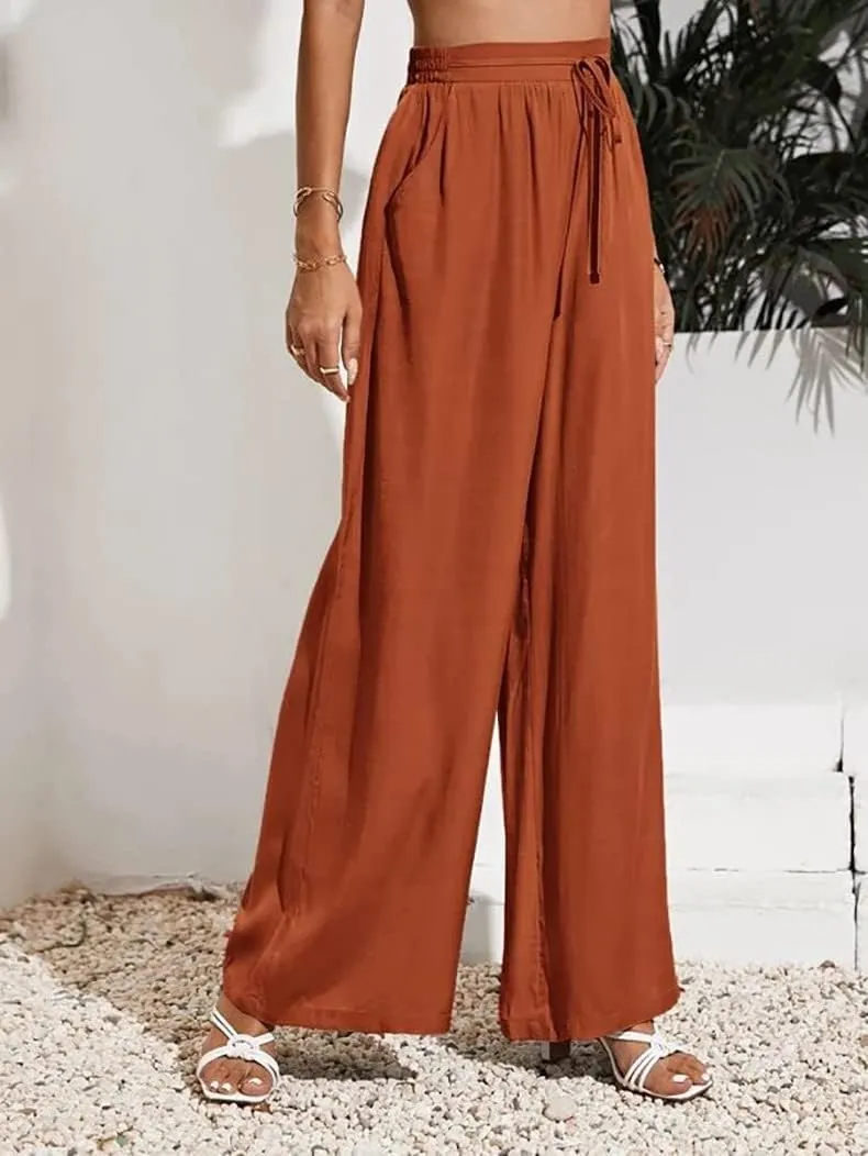 Women's High Waisted Casual Pants Solid Color Elastic Waist Lace Up Wide-Leg Pant Business Leisure Work Trousers