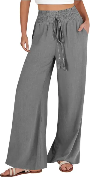 Women's Linen Palazzo Lounge Pants Summer Casual Loose High Waist Wide Leg Pant Drawstring Straight Leg Trousers