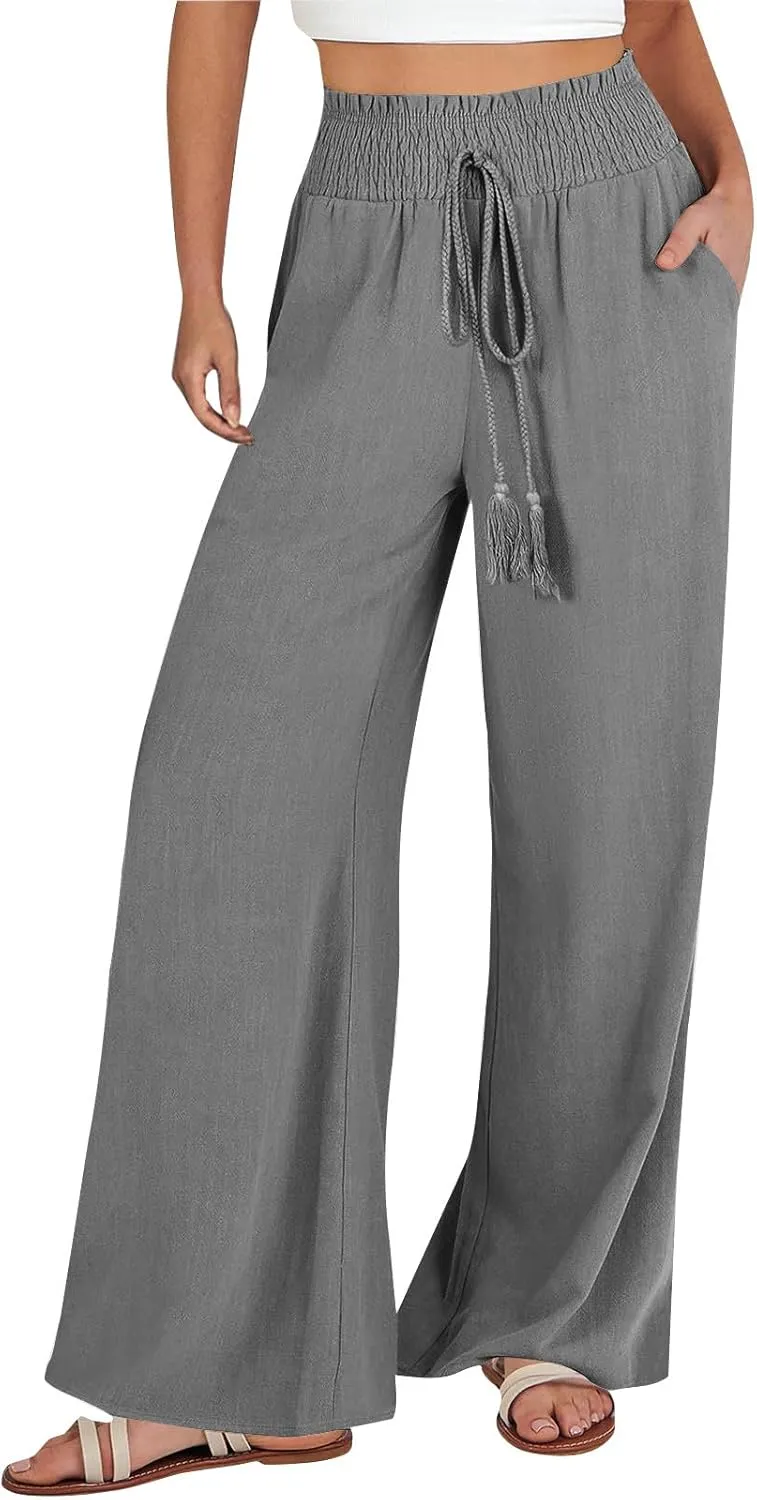 Women's Linen Palazzo Lounge Pants Summer Casual Loose High Waist Wide Leg Pant Drawstring Straight Leg Trousers