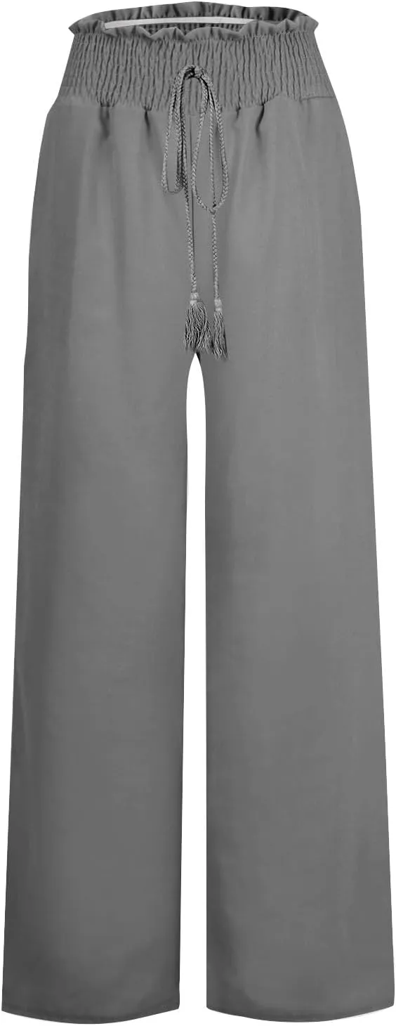 Women's Linen Palazzo Lounge Pants Summer Casual Loose High Waist Wide Leg Pant Drawstring Straight Leg Trousers