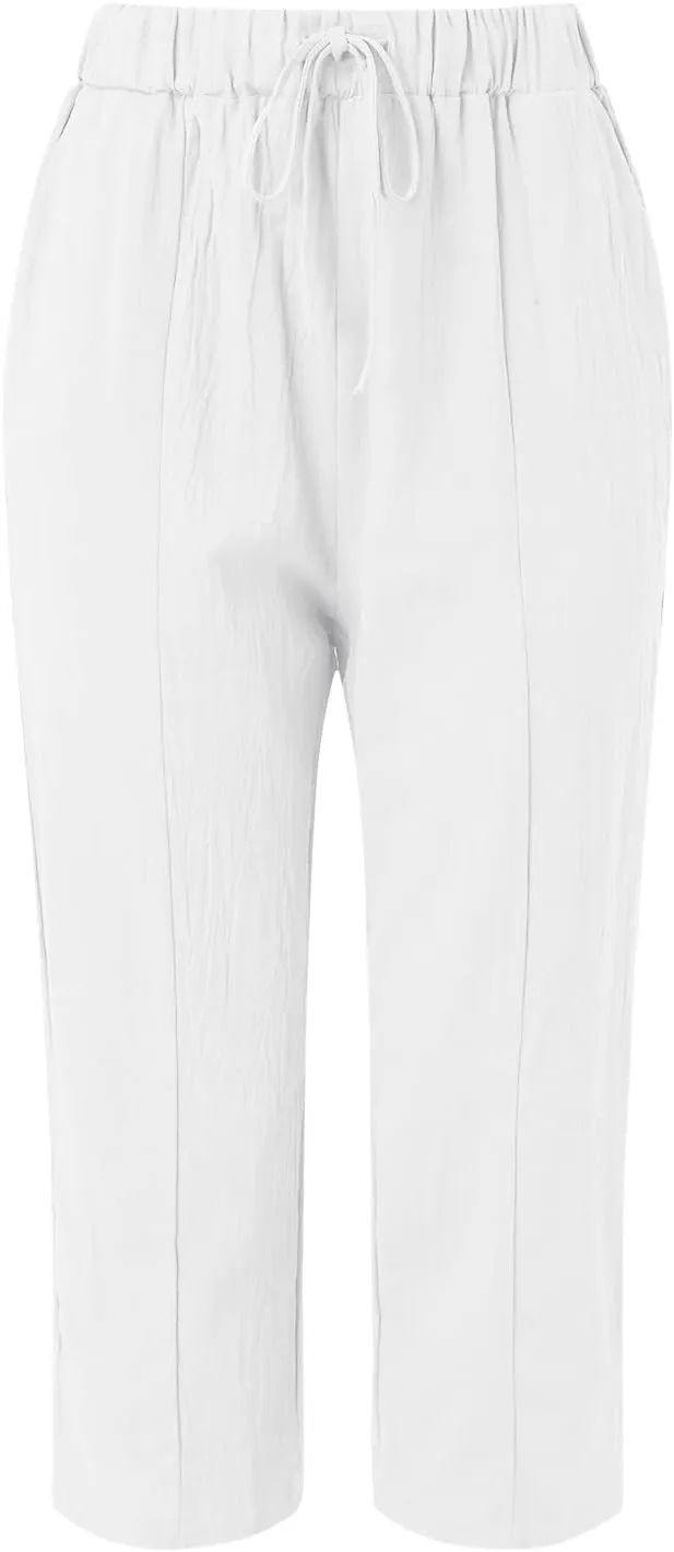 Women's Linen Summer Palazzo Pants Baggy Wide Leg Beach Pant with Pockets Drawstring Elastic High Waist Trousers