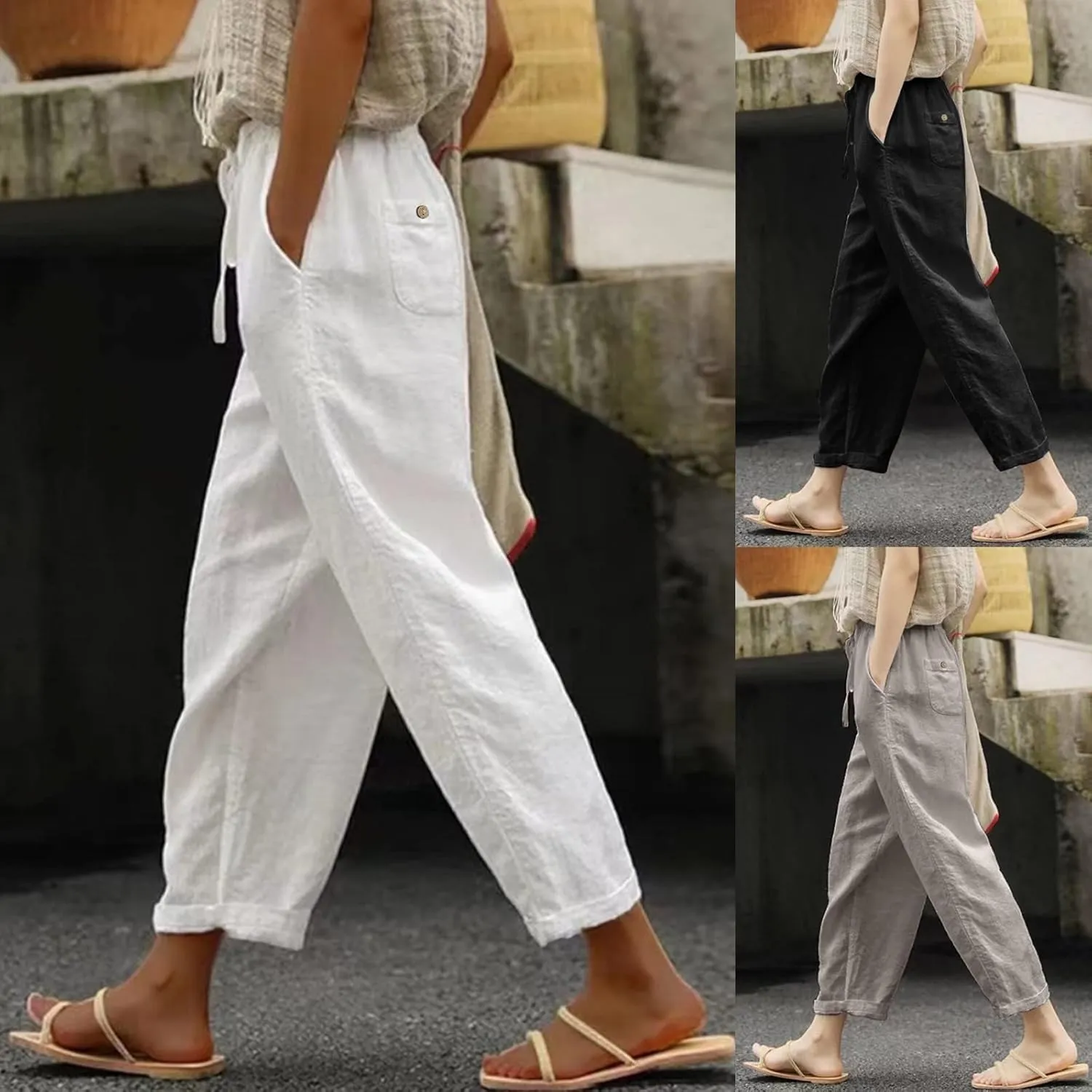 Women's Linen Summer Palazzo Pants Baggy Wide Leg Beach Pant with Pockets Drawstring Elastic High Waist Trousers