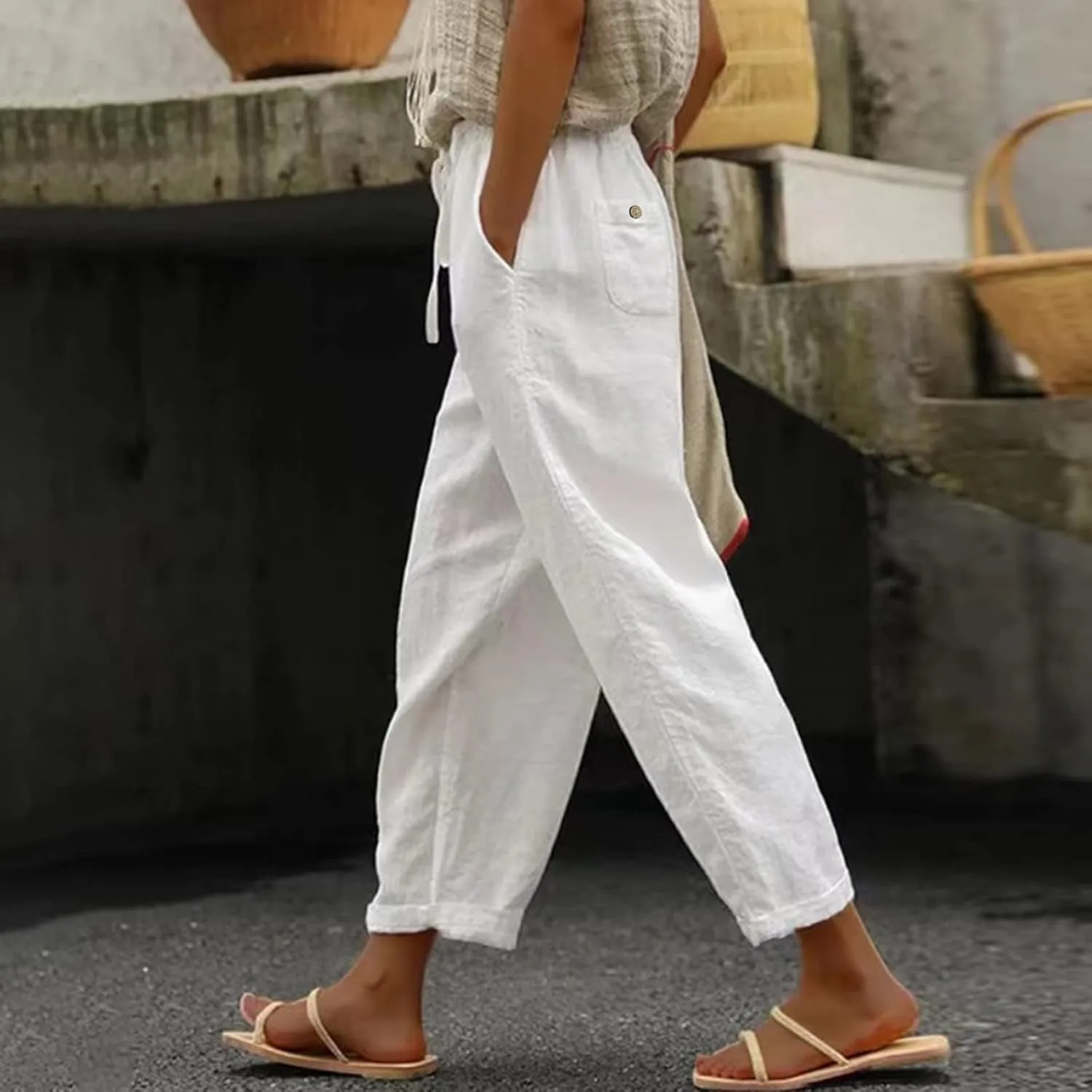 Women's Linen Summer Palazzo Pants Baggy Wide Leg Beach Pant with Pockets Drawstring Elastic High Waist Trousers