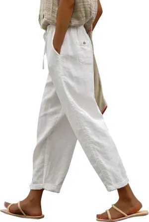 Women's Linen Summer Palazzo Pants Baggy Wide Leg Beach Pant with Pockets Drawstring Elastic High Waist Trousers
