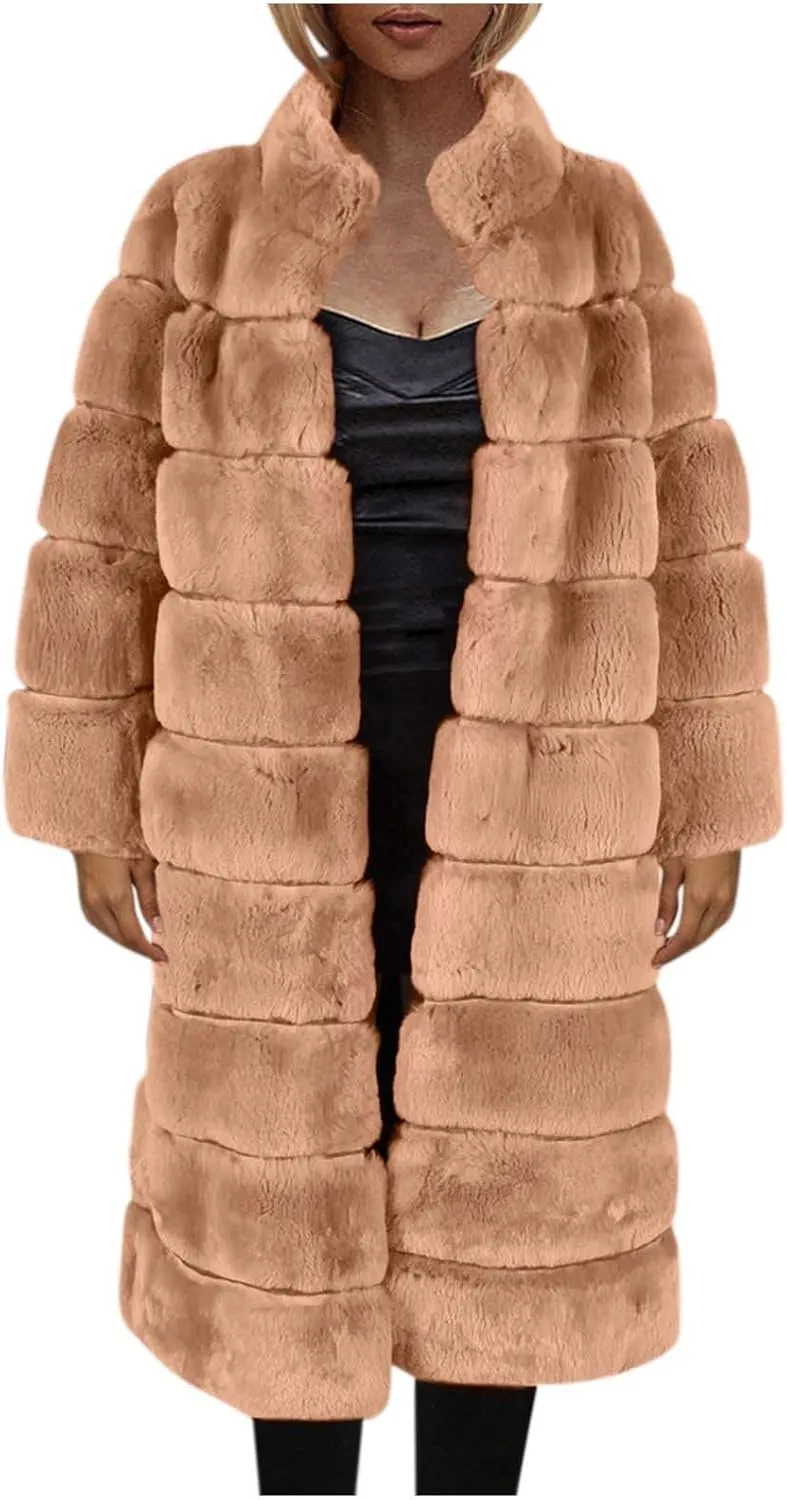 Womens Luxury Faux Fur Coats Winter Long Cardigan Vintage Fuzzy Warm Jacket Oversized Soft Solid Open Front Overcoat
