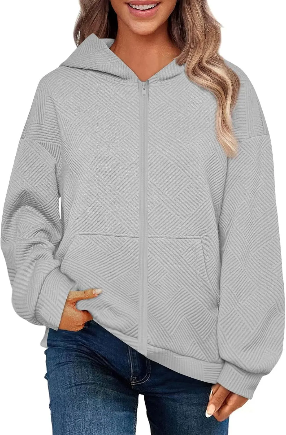 Womens Oversized Hoodie Jacket Fall Fashion 2024 Zip Up Long Sleeve Textured Hooded Sweatshirt Lightweight Jackets