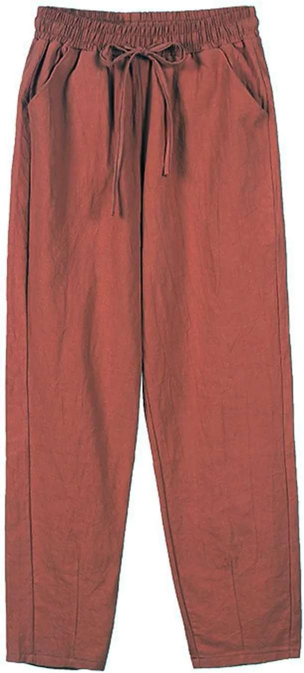 Women's Pants, Breathable Linen Casual Pants Straight Leg Peasant Trendy Cotton Drawstring