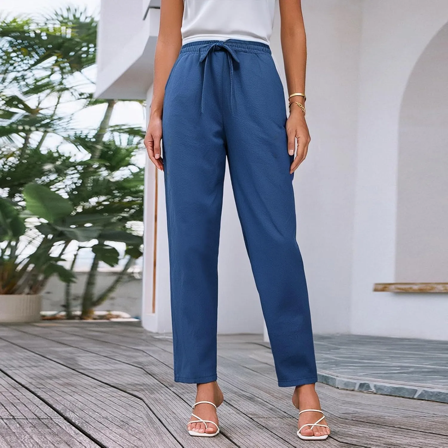 Women's Pants, Breathable Linen Casual Pants Straight Leg Peasant Trendy Cotton Drawstring