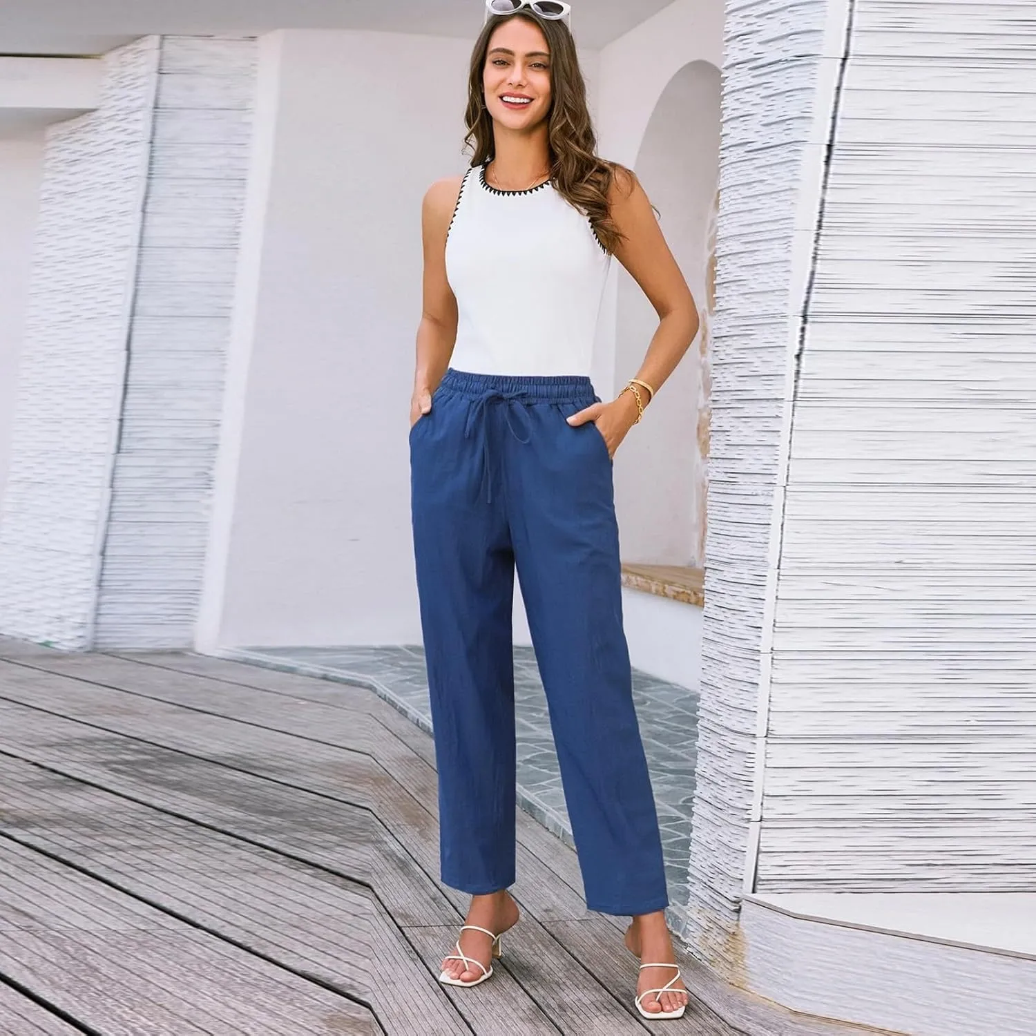 Women's Pants, Breathable Linen Casual Pants Straight Leg Peasant Trendy Cotton Drawstring