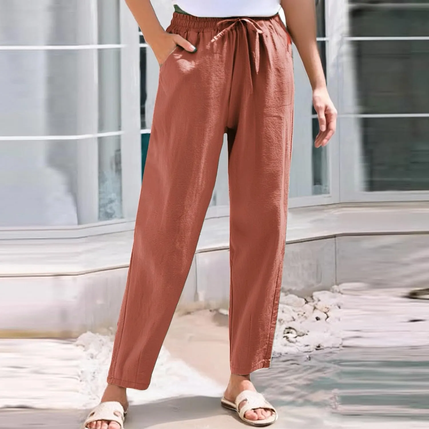 Women's Pants, Breathable Linen Casual Pants Straight Leg Peasant Trendy Cotton Drawstring