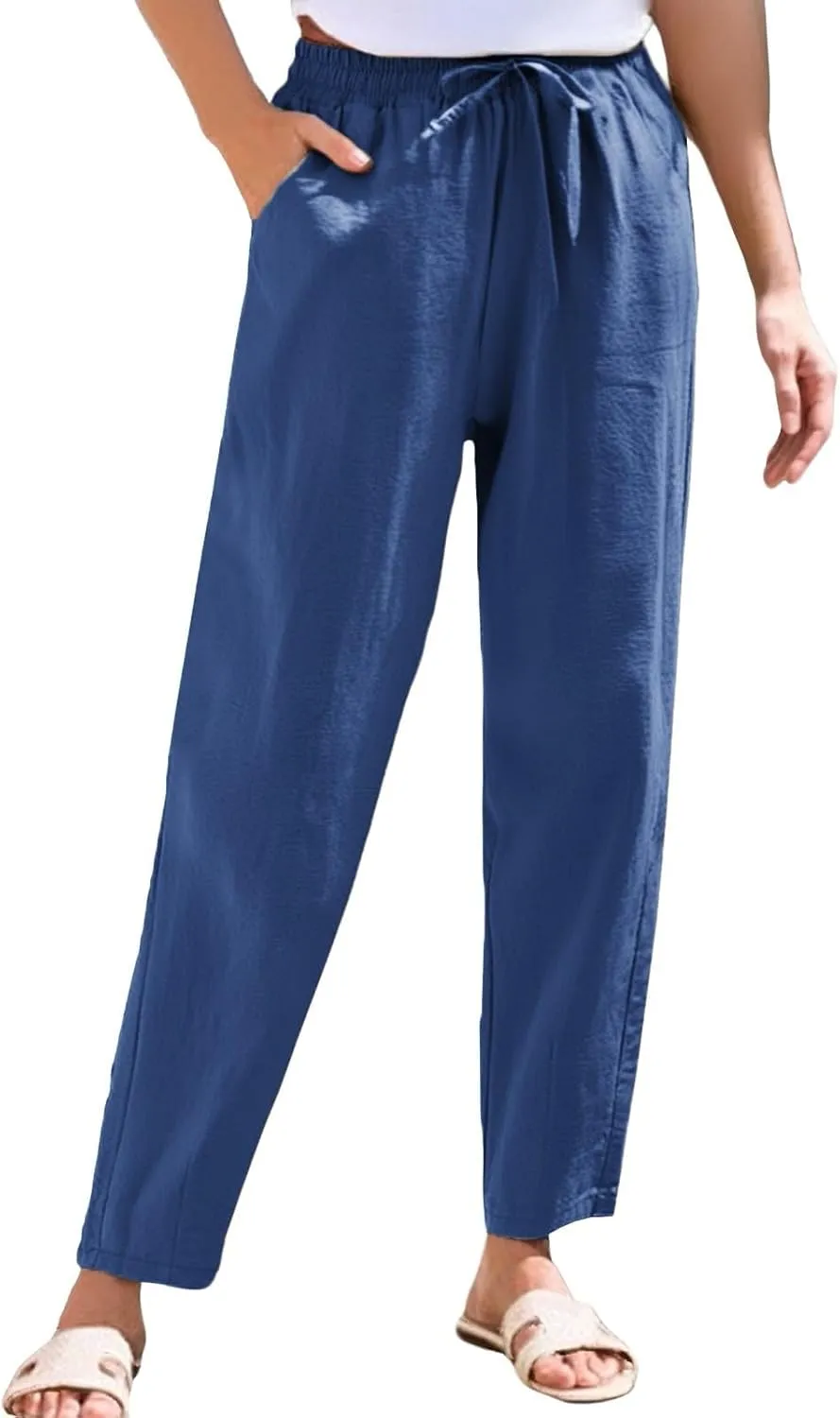 Women's Pants, Breathable Linen Casual Pants Straight Leg Peasant Trendy Cotton Drawstring