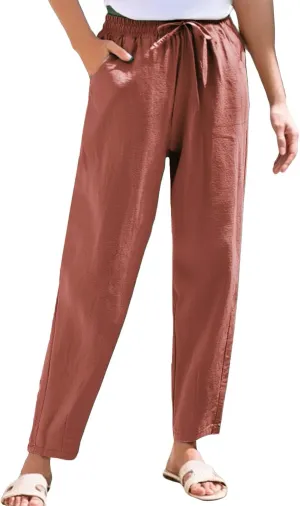Women's Pants, Breathable Linen Casual Pants Straight Leg Peasant Trendy Cotton Drawstring
