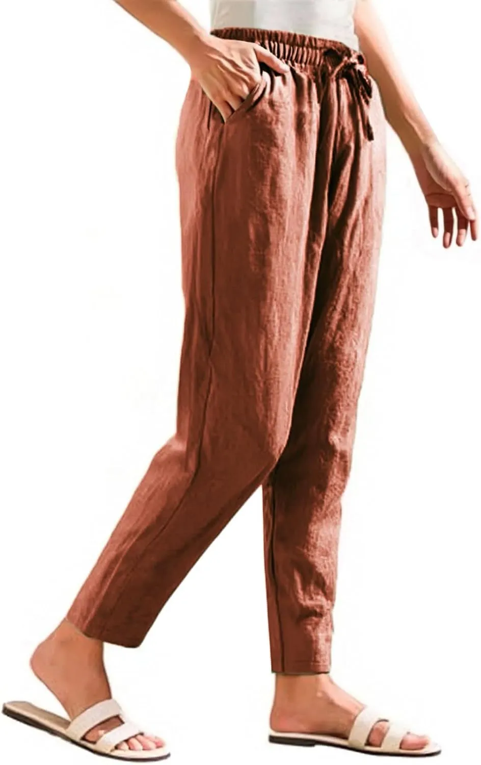 Women's Pants, Breathable Linen Casual Pants Straight Leg Peasant Trendy Cotton Drawstring