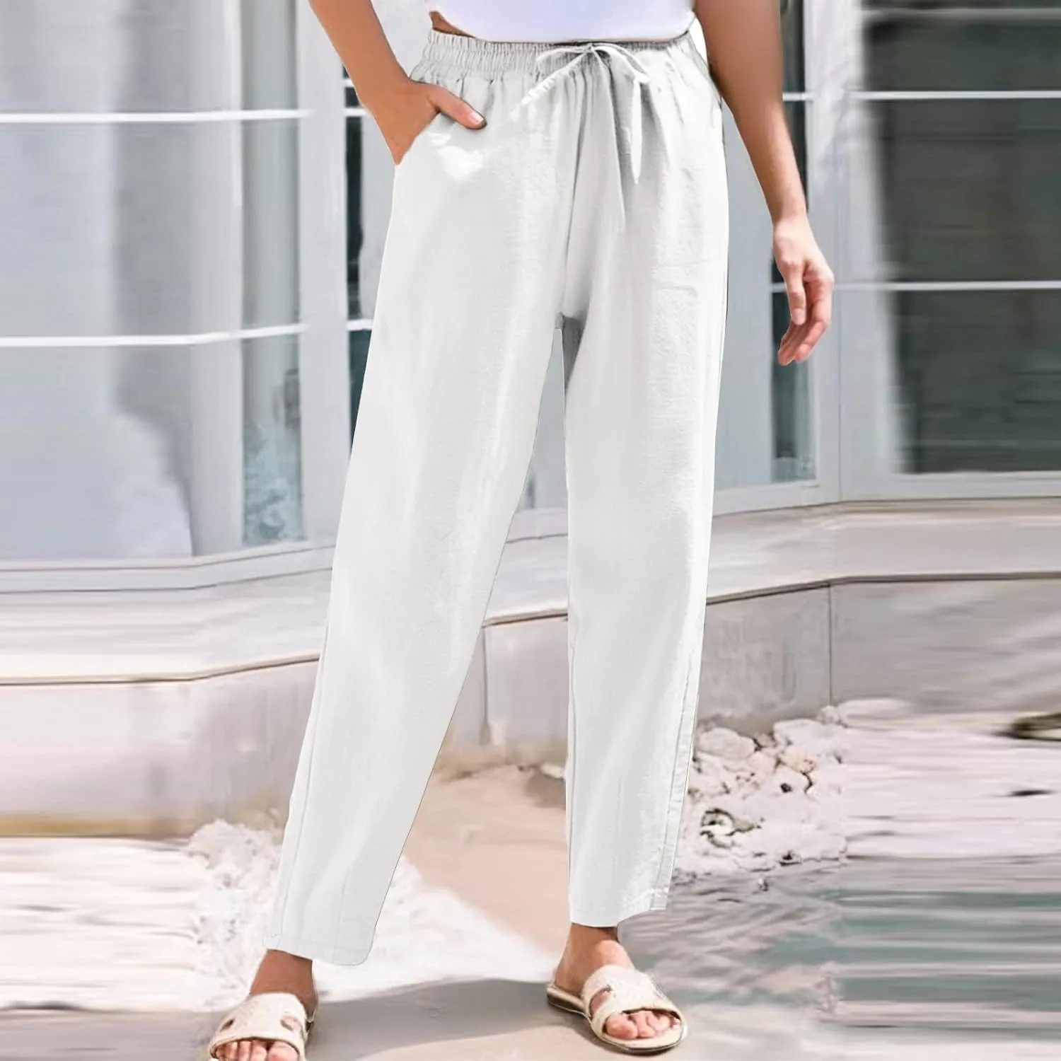 Women's Pants, Breathable Linen Casual Pants Straight Leg Peasant Trendy Cotton Drawstring