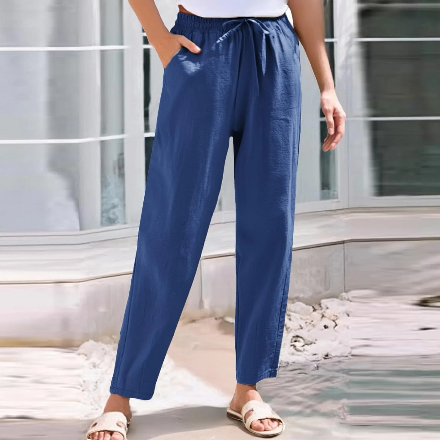 Women's Pants, Breathable Linen Casual Pants Straight Leg Peasant Trendy Cotton Drawstring