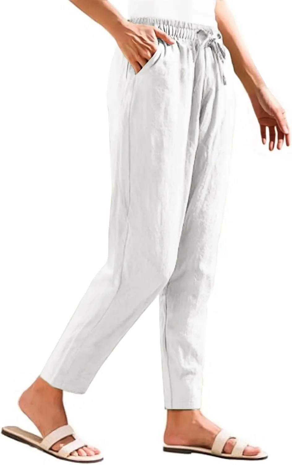 Women's Pants, Breathable Linen Casual Pants Straight Leg Peasant Trendy Cotton Drawstring