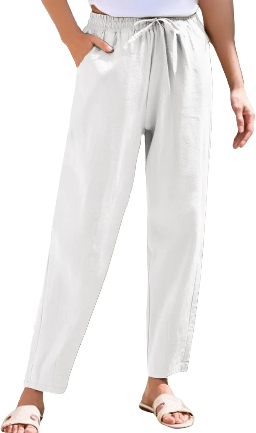 Women's Pants, Breathable Linen Casual Pants Straight Leg Peasant Trendy Cotton Drawstring