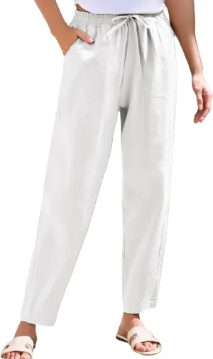 Women's Pants, Breathable Linen Casual Pants Straight Leg Peasant Trendy Cotton Drawstring