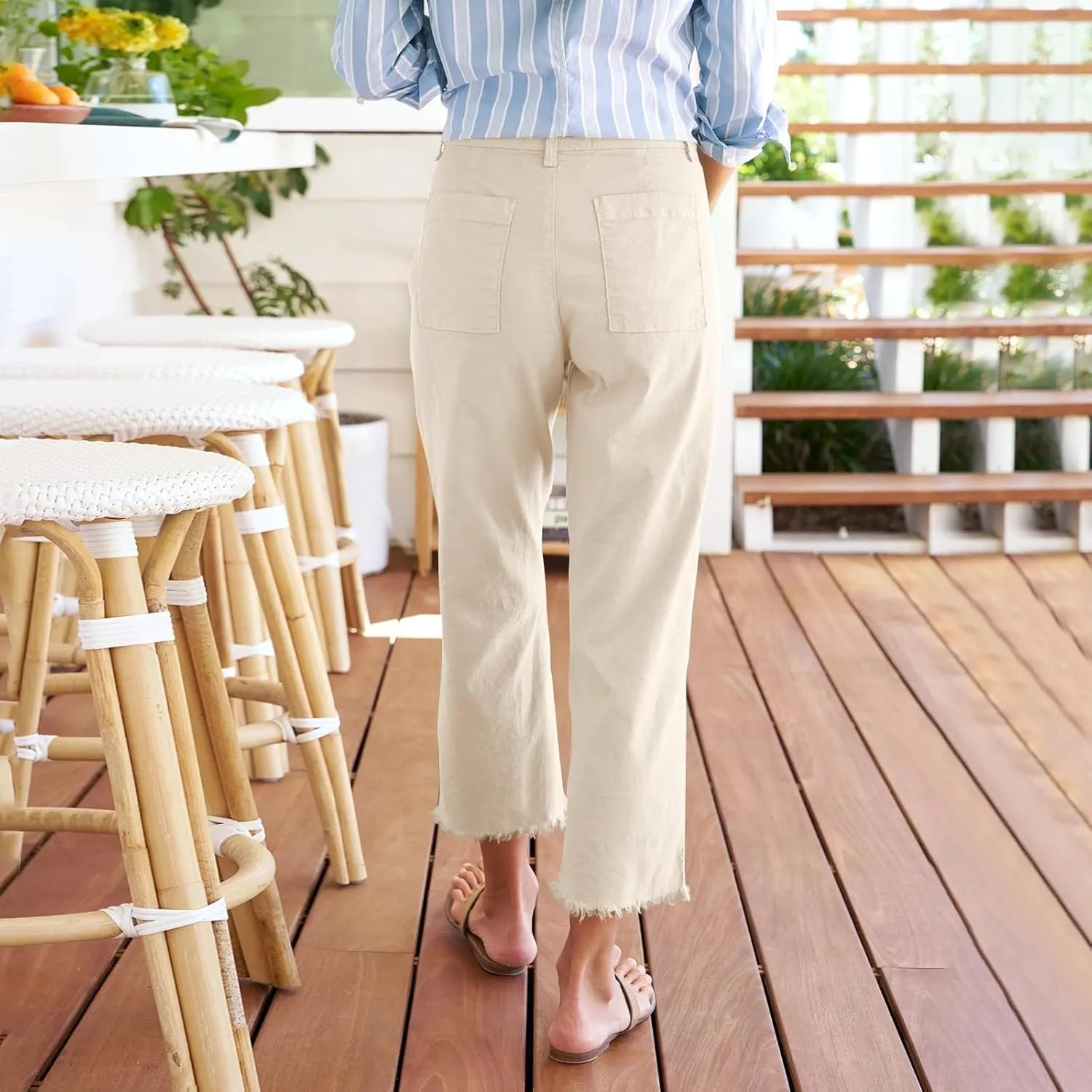 Women's Pants, Straight Leg Casual Pants Peasant Linen Breathable Stripe 2025 Palazzo