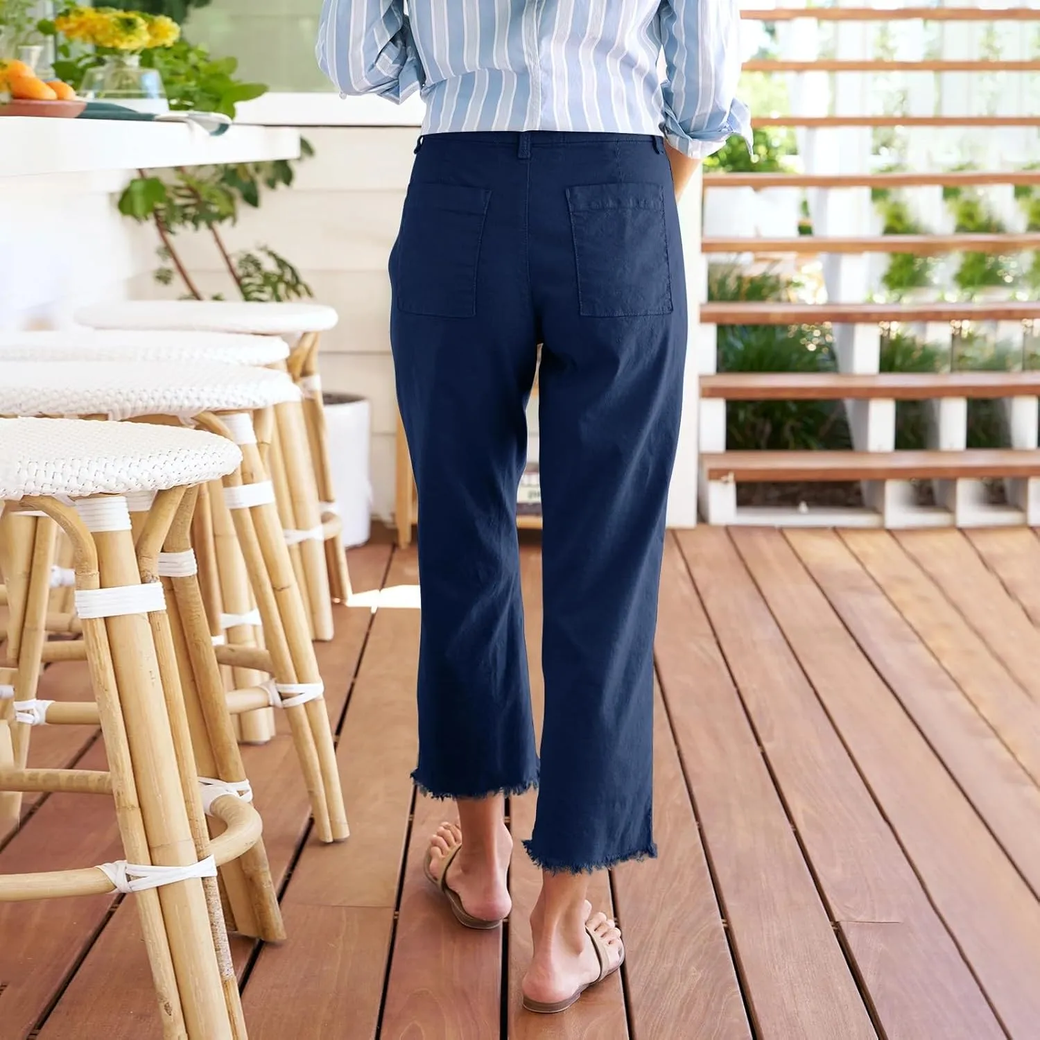 Women's Pants, Straight Leg Casual Pants Peasant Linen Breathable Stripe 2025 Palazzo
