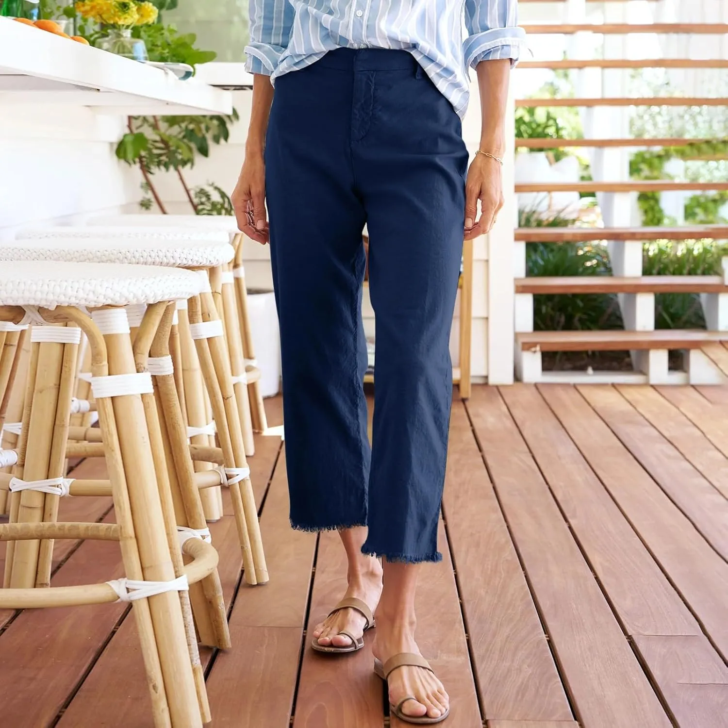 Women's Pants, Straight Leg Casual Pants Peasant Linen Breathable Stripe 2025 Palazzo