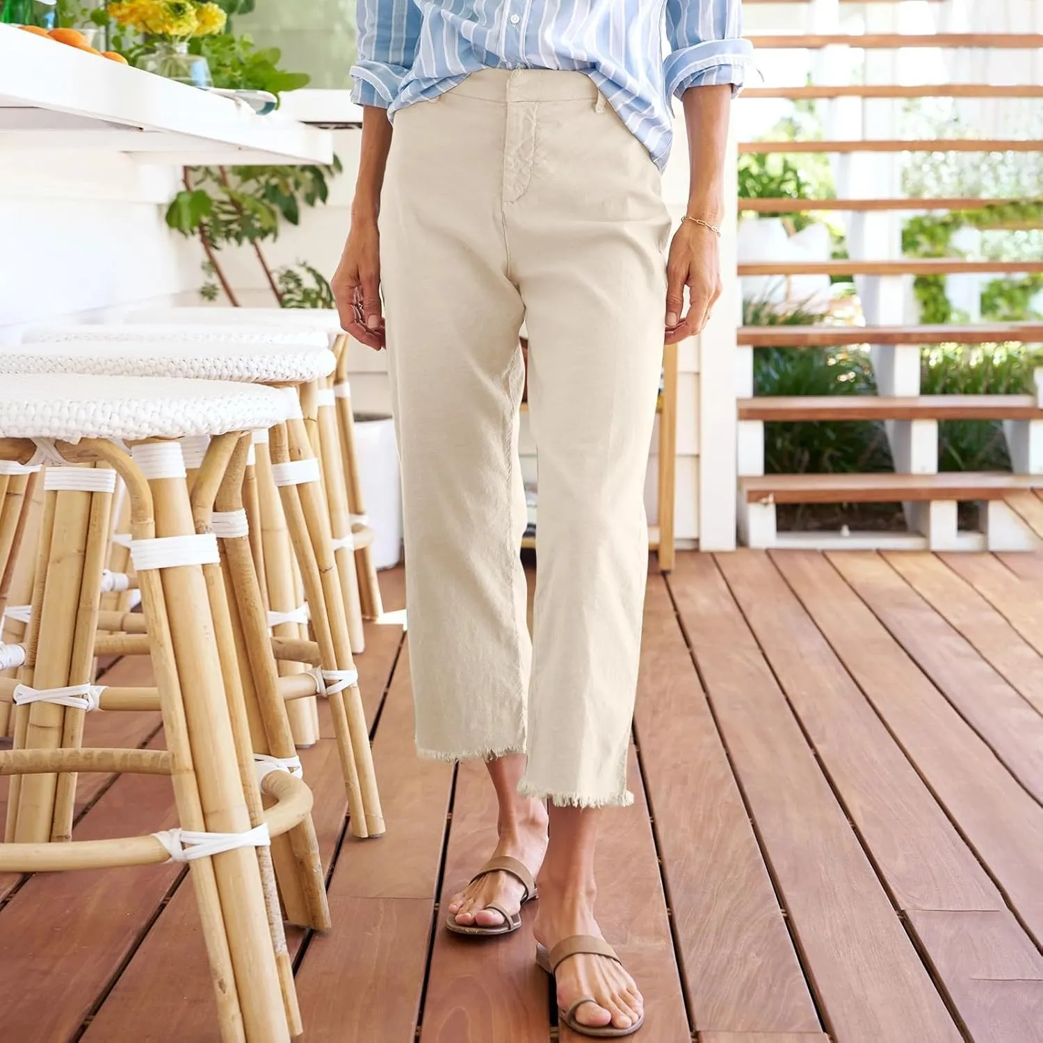 Women's Pants, Straight Leg Casual Pants Peasant Linen Breathable Stripe 2025 Palazzo